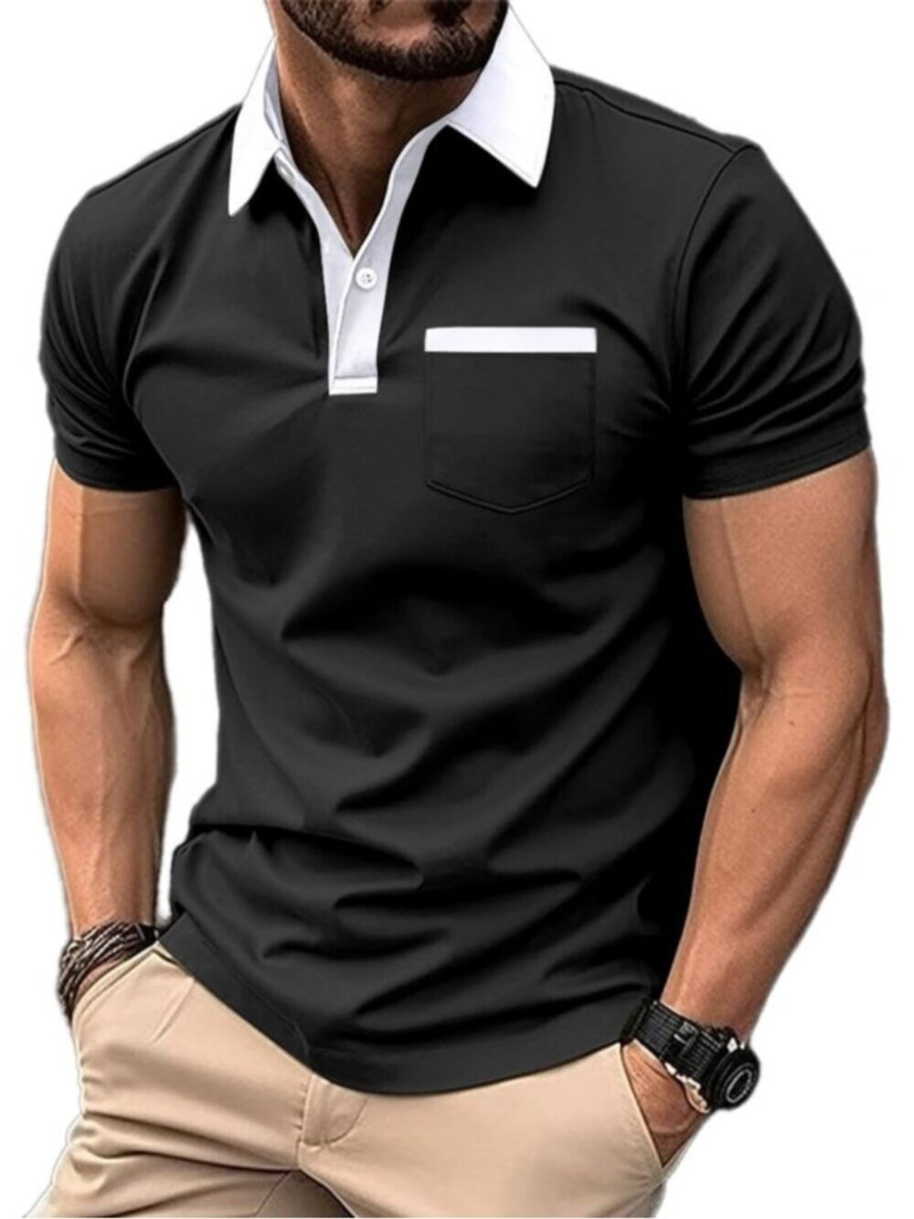 Men's 2 Black Casual Polo Shirts Classic Short Sleeve Fashion Button Pocket
